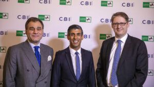 Sunak pledges business tax cuts at CBI Annual Dinner (l-r Lord Bilimoria, Sunak, Tony Danker)