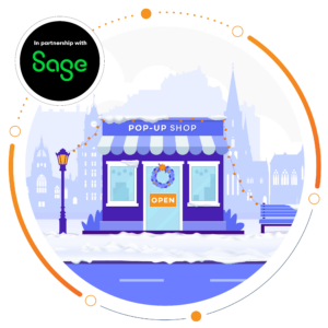 Pop-up shop Edinburgh. Illustration of shop in snowy street.