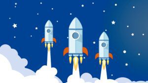 Cartoon rockets taking off, levelling up concept