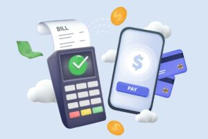 Merchant processing fees concept. Graphic of card payment terminal and smartphone with dollar symbol, payment cards